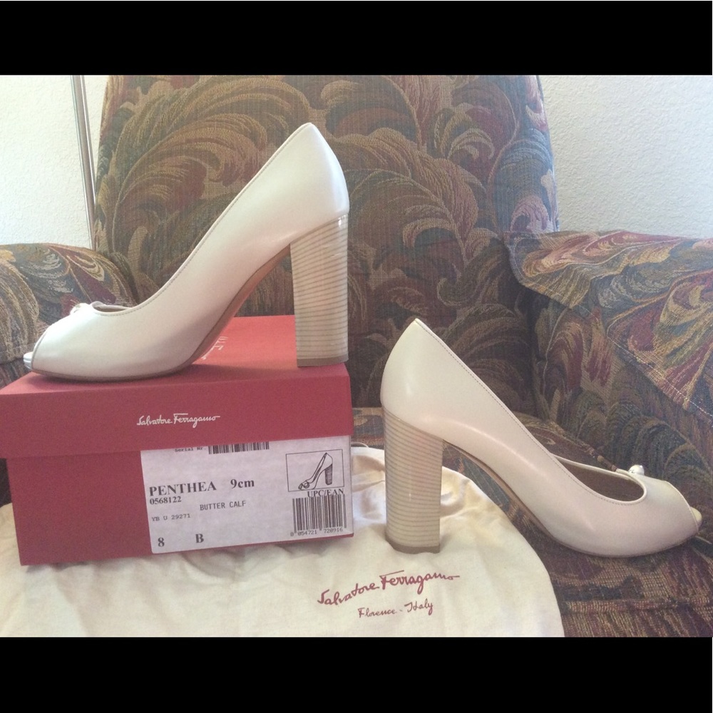 Bone white open toe Ferragamo pumps size 8